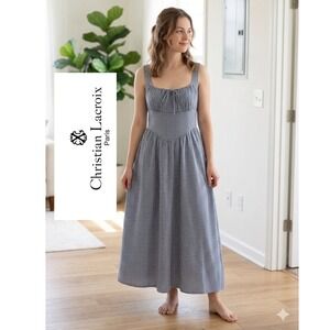 christian lacroix linen blend midi dress with top stitching detail Christian Lacroix Linen Blend Nautical Map Anchor Charm Tipping Midi Dress sz S